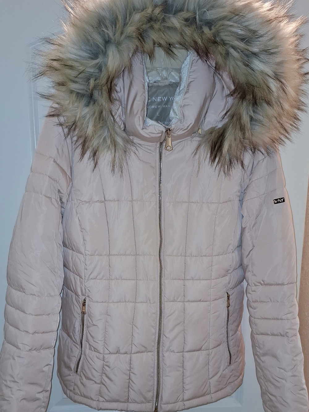 Marc New York Pale Pink Quilted Hooded Puffer with Faux-Fur Trim